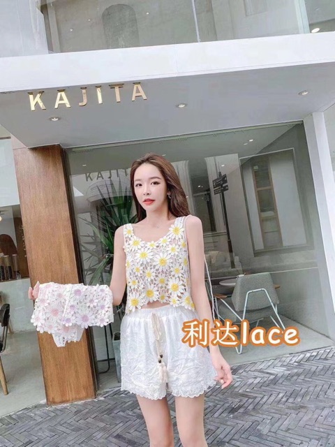 Set 2 món - áo hoa hướng dương + quần ren dây rút xinh iu (có tách rời)