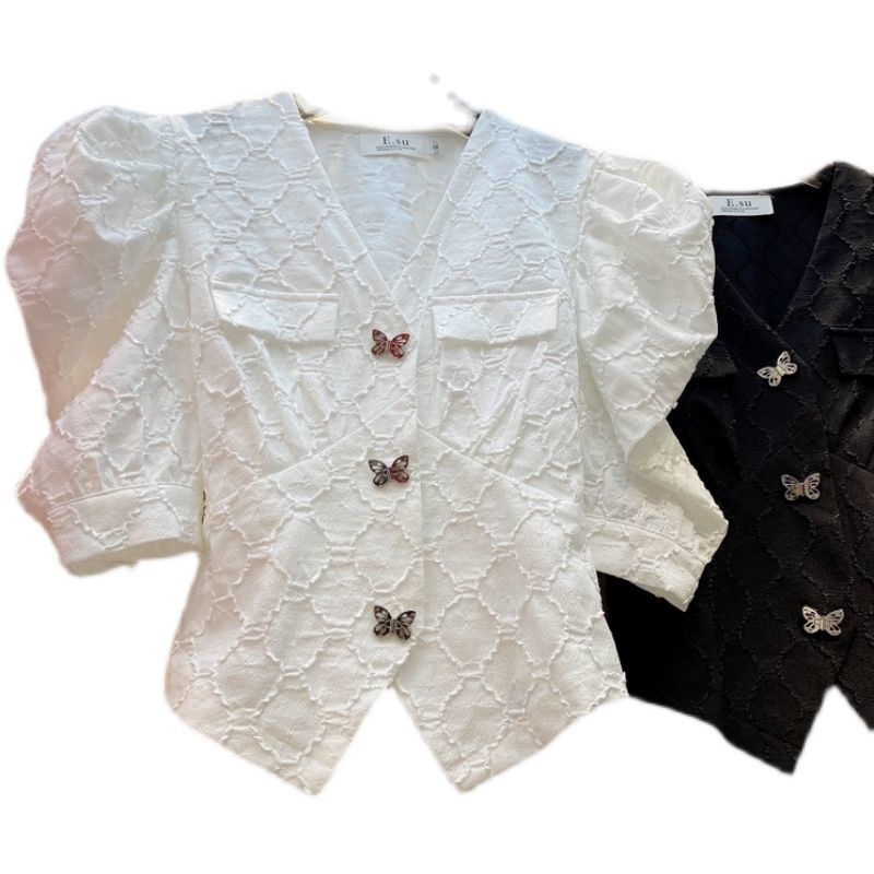 Cổ Phiếu Sẵn Sàng❤Ah F &amp; X Áo Sơ Mi Tay Phồng Cài Nút Hình Bướm Phong Cách Châu Âu Thời Trang Mùa Hè Phong Cách Phương Tây 2022