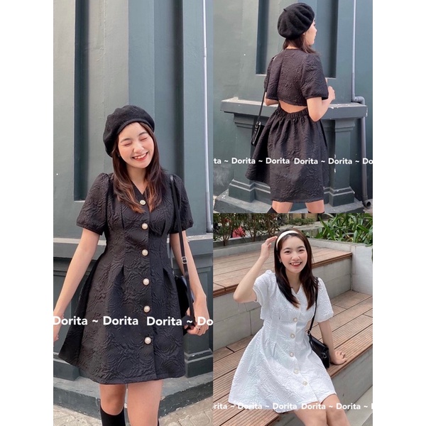 Váy gấm tay bồng chiết eo cut out lưng, Đầm Mico cổ V hoa nổi Hàn Quốc - Dorita Boutique