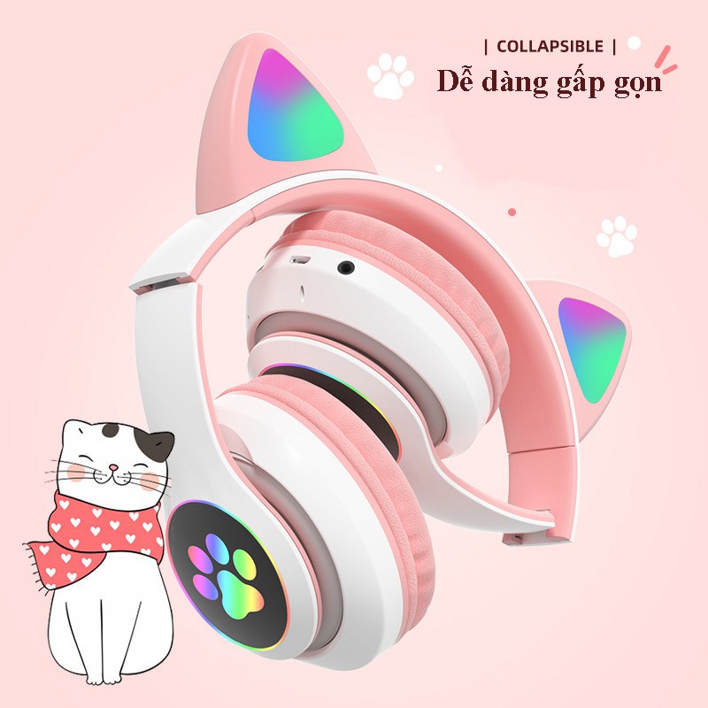 Tai nghe bluetooth có tai mèo cute, Có đèn led đổi màu (Tắt được nếu không muốn sử dụng), Headphone cao cấp chính hãng | BigBuy360 - bigbuy360.vn