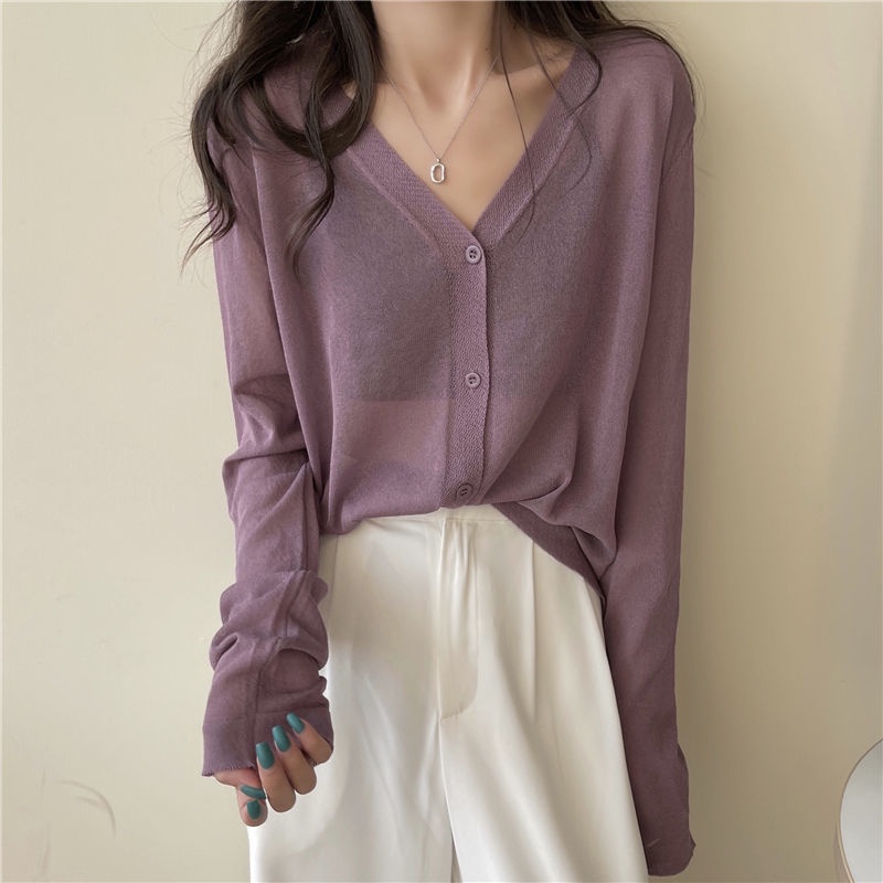 Áo Khoác Cardigan Chống Nắng Bằng Lụa Lạnh Mỏng Nhẹ Tay Dài Kèm Váy Hai Dây Thời Trang Xuân Hè Cho Nữ