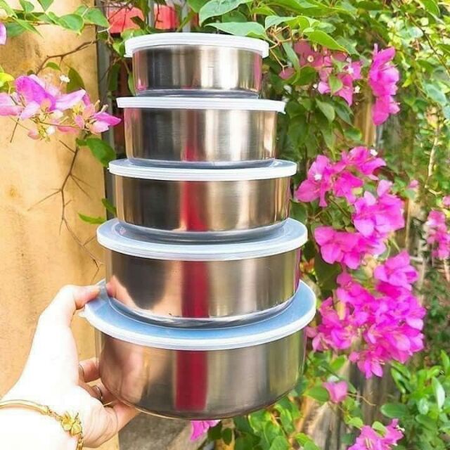 Bộ thố lạnh inox 5 món, sét 5 bát inox có nắp đậy [ xả kho ]