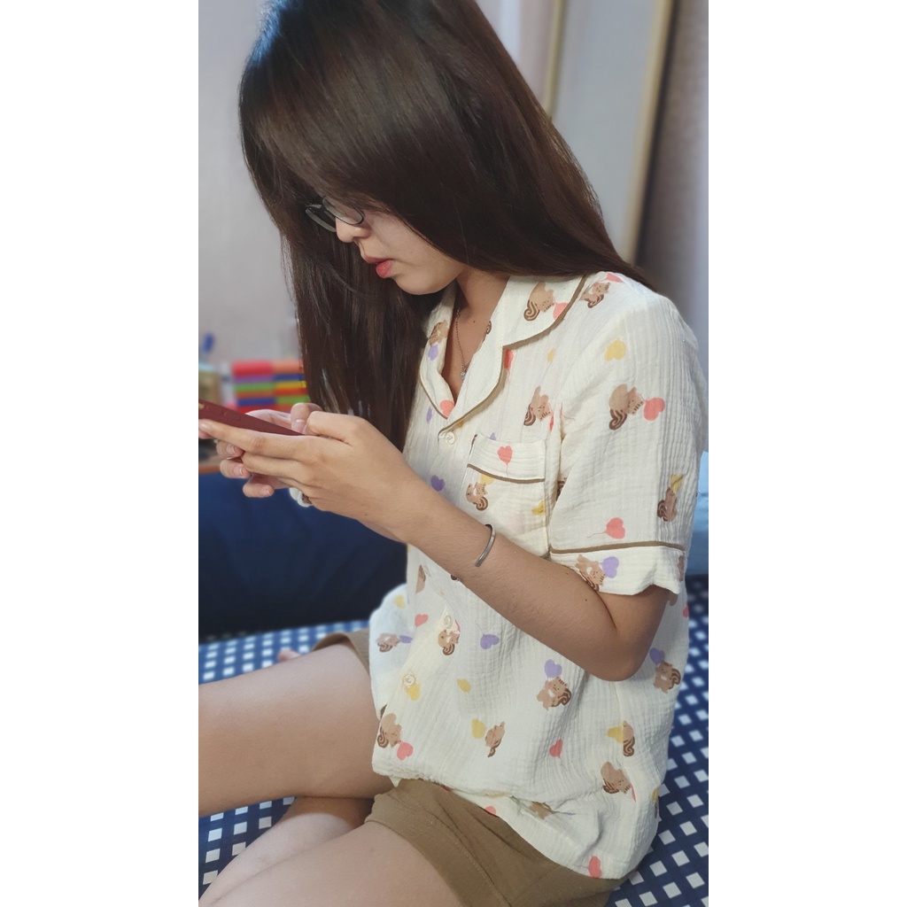 Đồ ngủ Pyjama xô muslin sóc nhỏ tinh nghịch siêu dễ thương