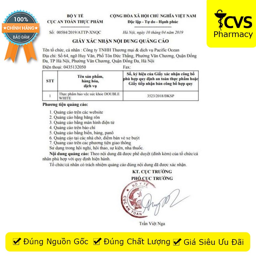 Viên Uống DOUBLE WHITE - Giúp Dưỡng Trắng Da, Đánh Bay Vết Nám (Lọ 60 viên)