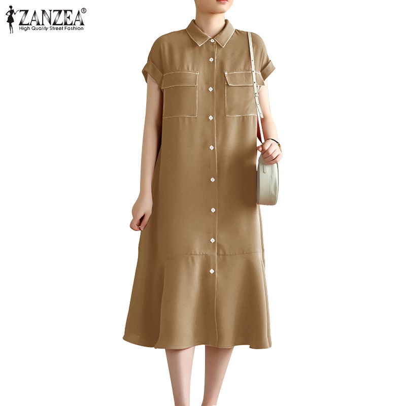 Đầm midi Zanzea tay ngắn màu trơn viền nhún bèo phong cách cổ điển cho nữ