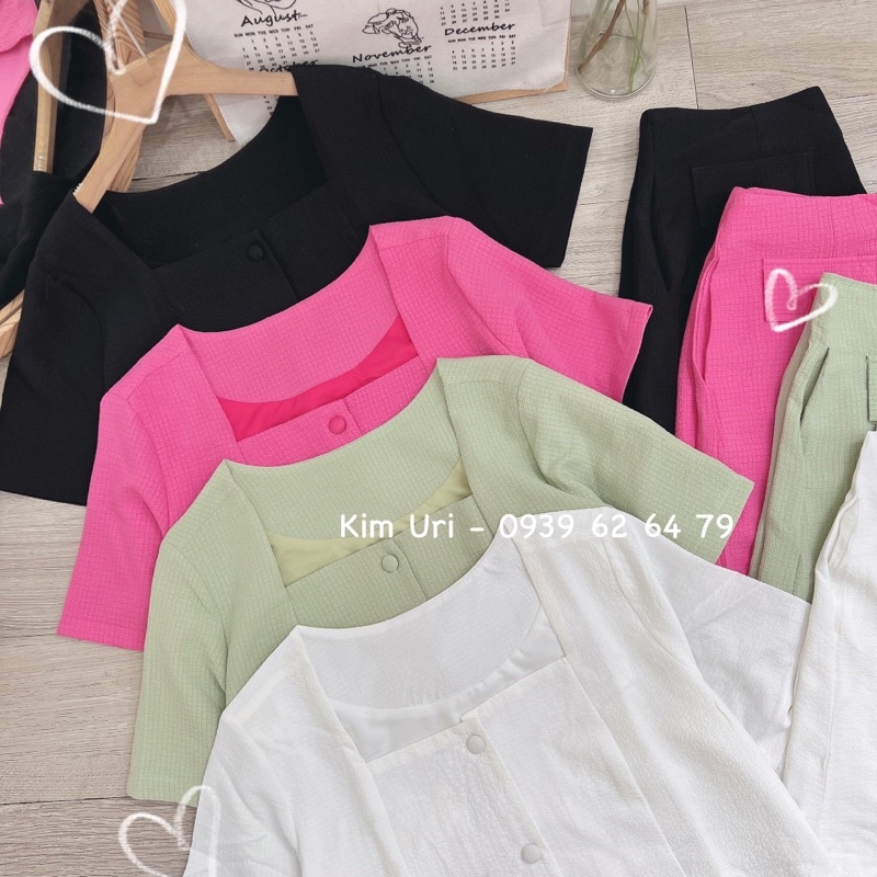 [Sẵn] Set áo croptop cổ vuông gài nút + quần short túi nắp 4 màu
