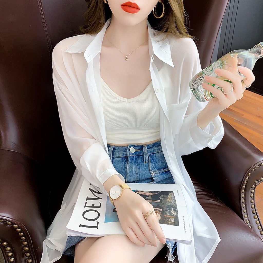 Áo sơ mi Chiffon mỏng tay dài phong cách Hàn Quốc, Áo khoác Cardigan trong suốt nhẹ tay dài chống nắng -OTD01