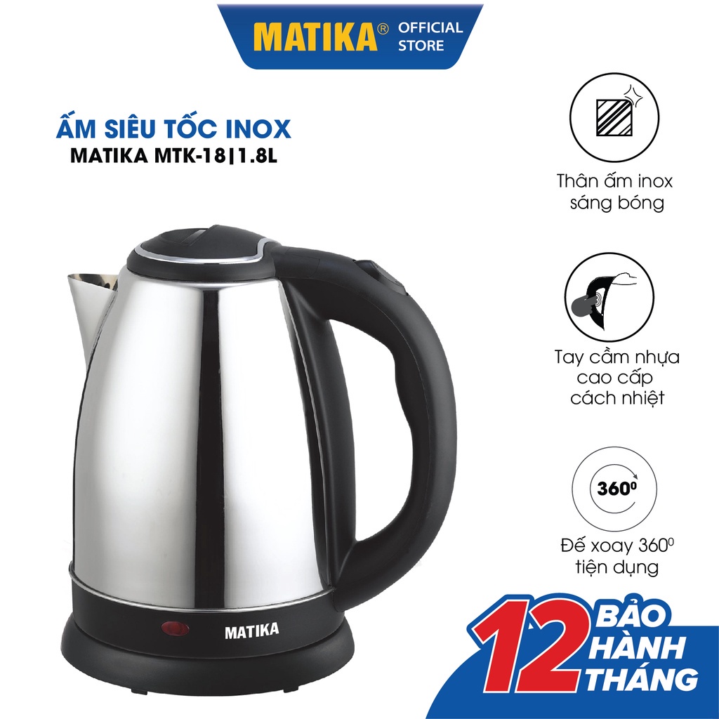 Ấm Siêu Tốc MATIKA Inox MTK-18 - 1.8 Lít - Hàng chính hãng