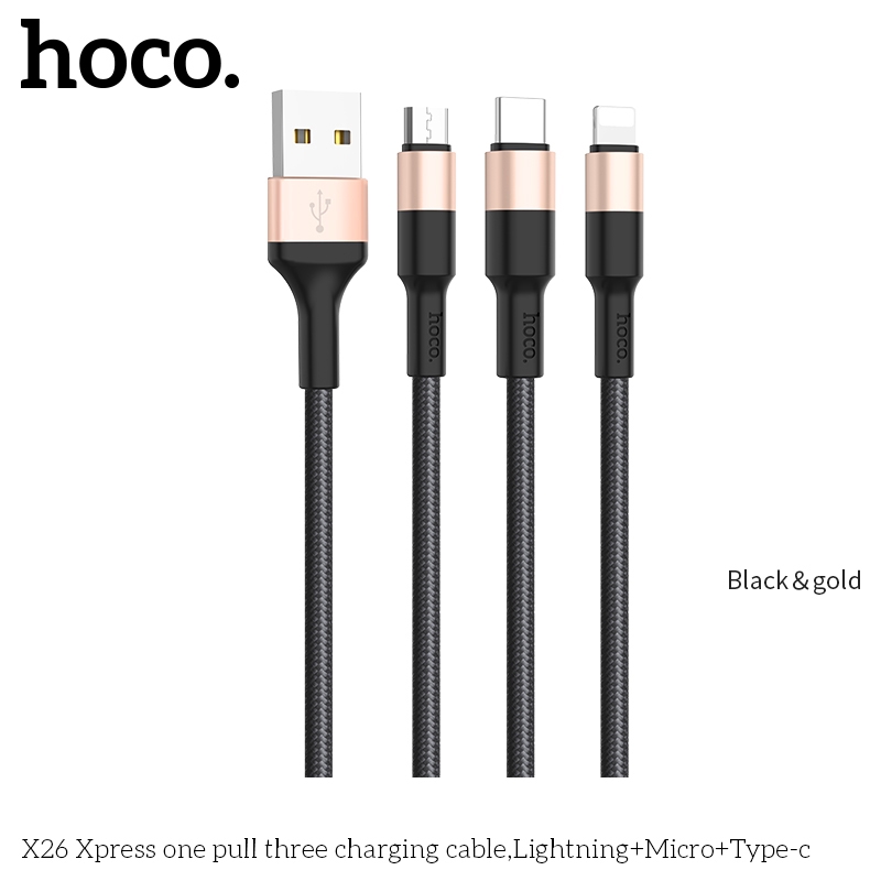 Cáp Sạc Nhanh Hoco X26 3 đầu linghtning, micro, typeC cho mọi loại máy Pin sạc dự phòng airpods i12  - Awifi Case H2-3