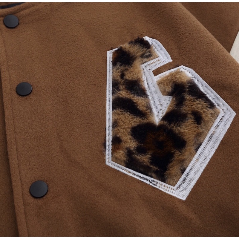 Áo bomber - Jacket varsity chính hãng chất dạ tay da cao cấp màu nâu