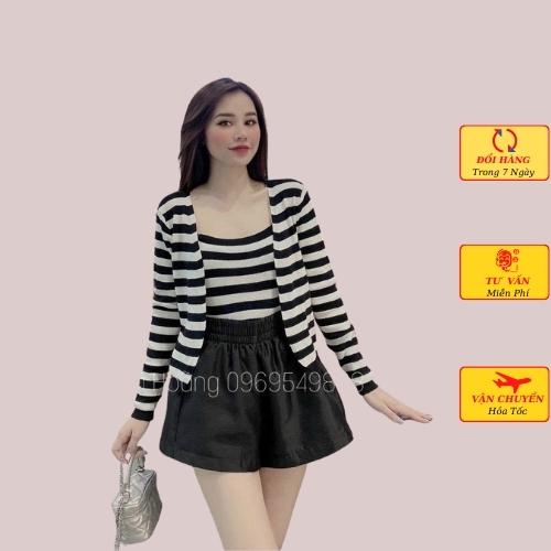 Set áo khoác cardigan len nữ kèm áo 2 dây sọc kẻ ngang đen trắng cá tính ulzzang Hàn Quốc thu đông