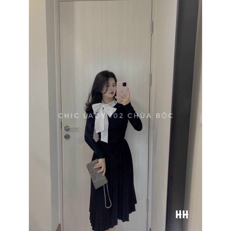 Áo len tăm dài tay mix nơ cổ to màu trắng siêu xinh