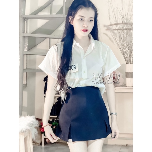 Set áo croptop sơmi phối chân váy