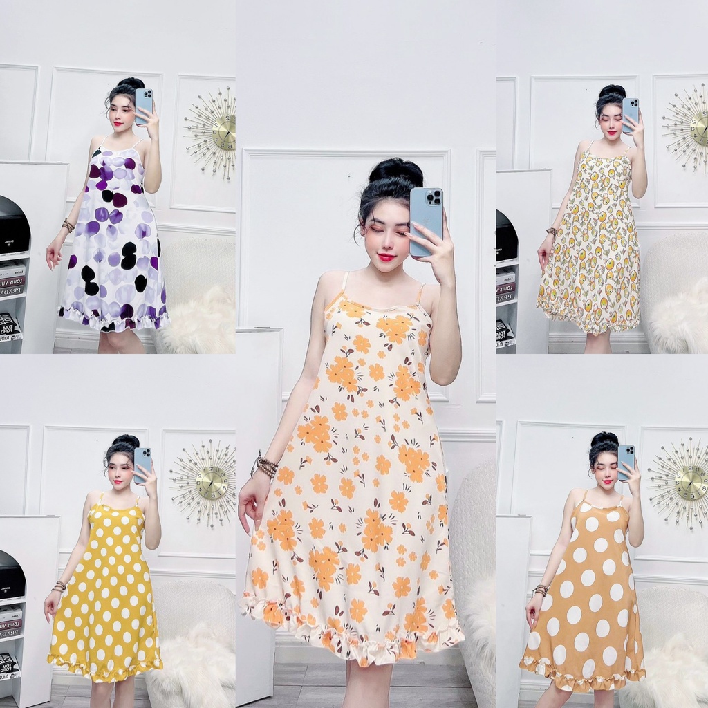 đầm váy ngủ 2 dây kiểu váy xòe kết hợp bèo siêu xinh họa tiết siêu dễ thương chết liệu mềm mát freesize dưới 58kg