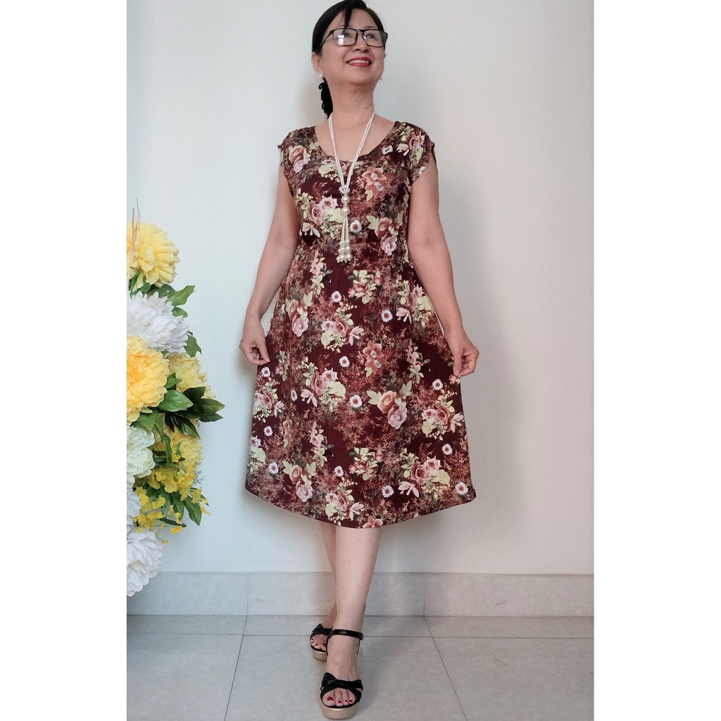 Váy Đầm Trung Niên Thun Eo Hoa Đẹp, Chất vải Thun Aty Chéo Mềm Mỏng, Có Túi, Size từ 48KG - 68KG | BigBuy360 - bigbuy360.vn