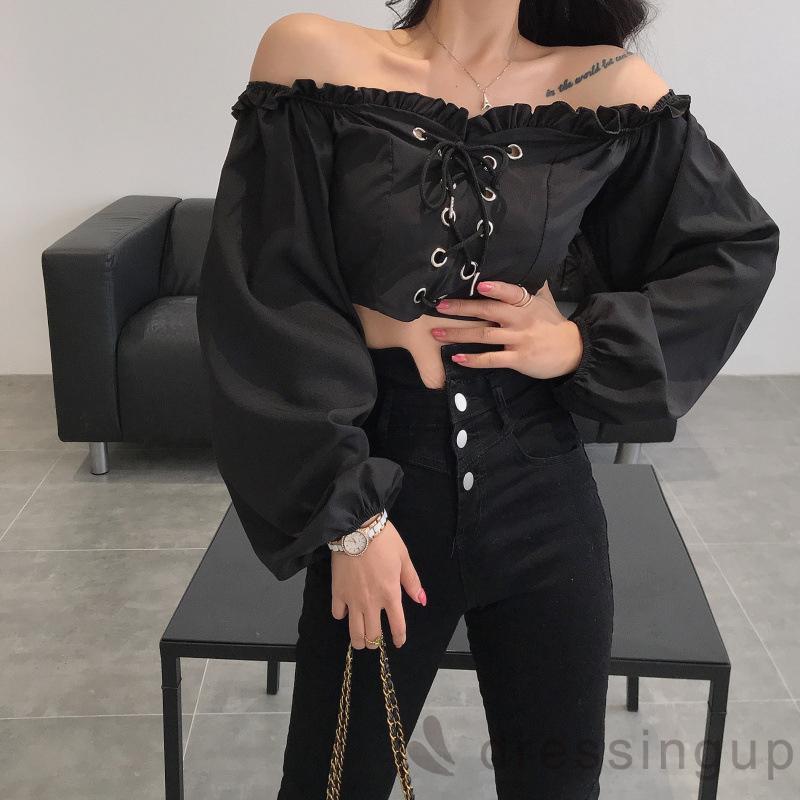 Áo Trễ Vai Tay Dài Màu Trơn Thiết Kế Quyến Rũ Cho Nữ