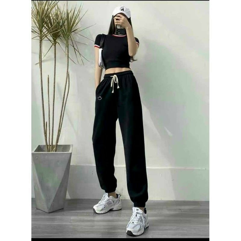 Quần Nỉ Unisex Mặt Cười Lưng Thun Ống Bó Chun