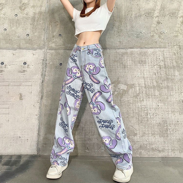 Stellalou Quần jeans Ống Rộng Lưng Cao size Lớn In Họa Tiết Hoạt Hình Cho Nữ