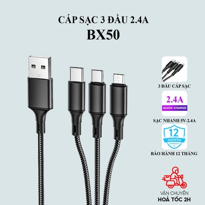 Dây sạc đa năng BOROFONE BX50 3 đầu IP-Micro-TypeC hỗ trợ dòng sạc 2.4A bọc dù chống đứt gãy