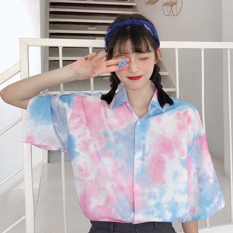 Áo Sơ Mi Tay Ngắn Phối Màu Loang Độc Đáo Phong Cách Retro Hàn Quốc