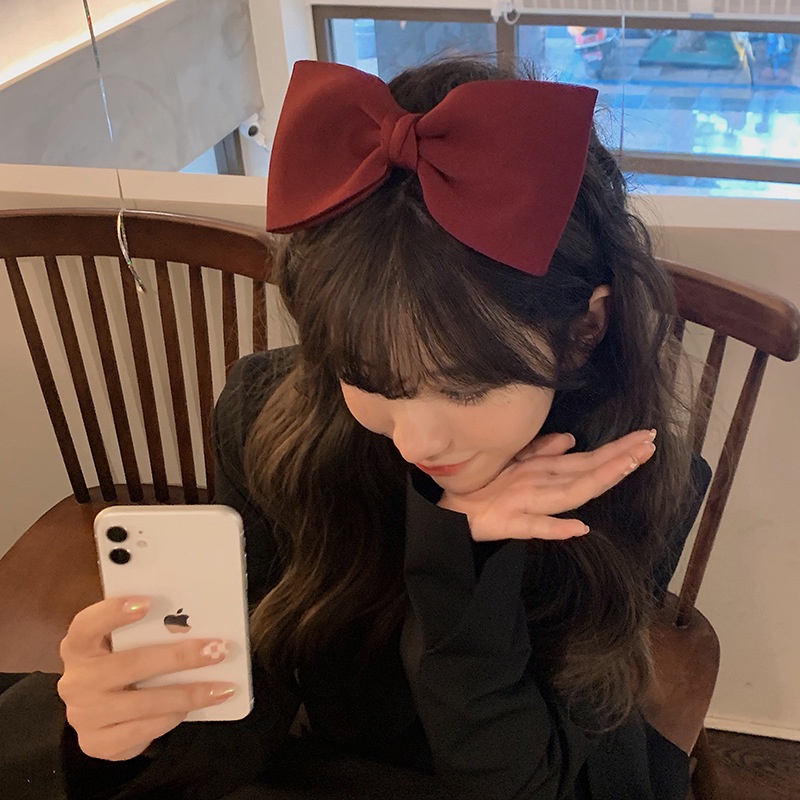 Kẹp Tóc Hình Nơ Lớn Màu Đỏ/Đen Phong Cách Retro Pháp Thời Trang Cho Nữ