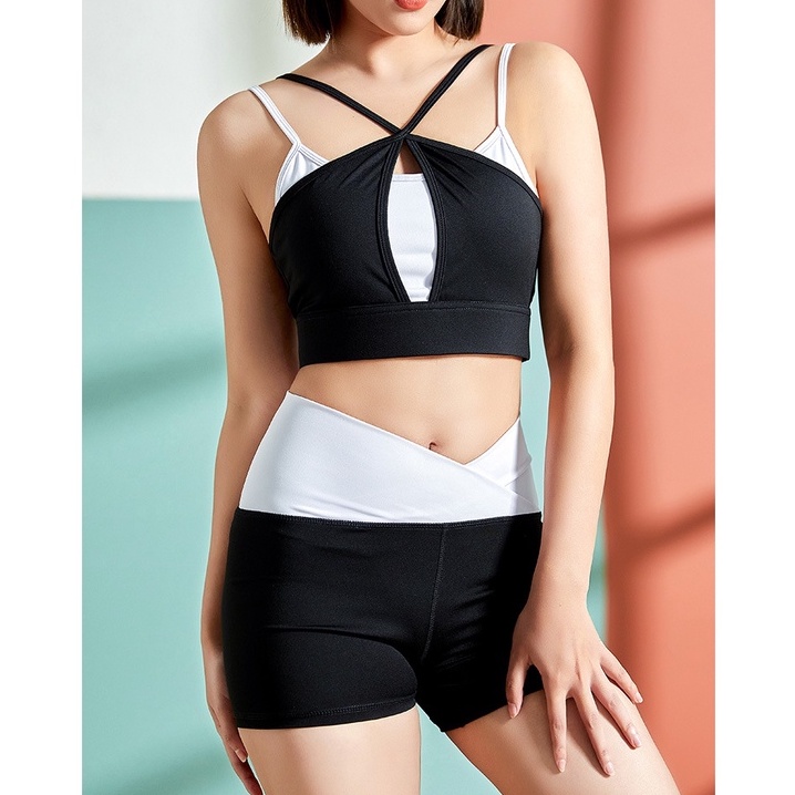 Set bộ đùi thể thao tập gym yoga nữ phối màu áo bra kèm mút quần đùi cạp chéo cao cấp Bin Sport BN067