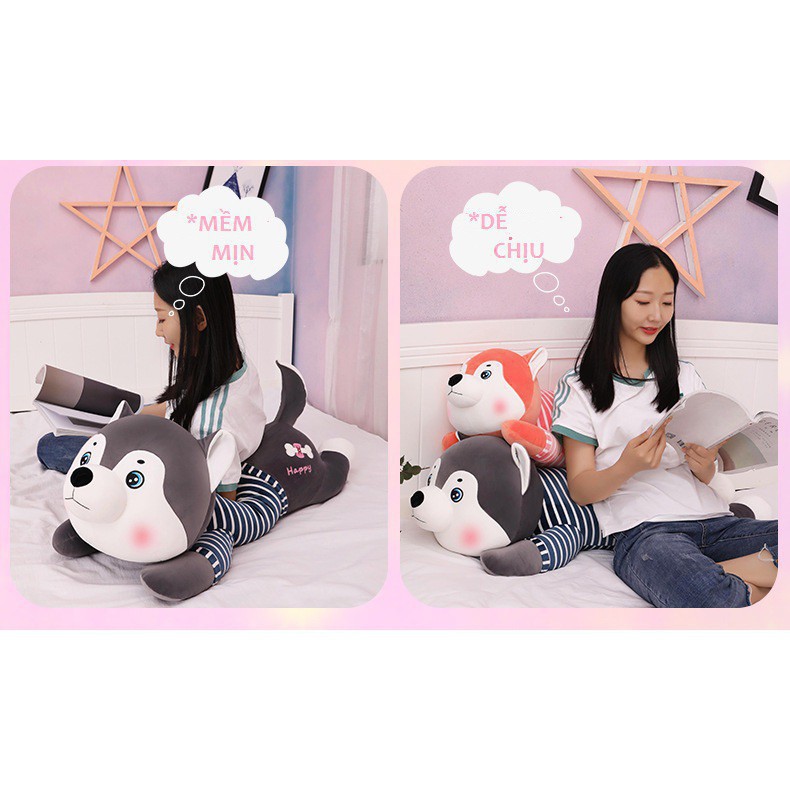 Gấu Bông Chó Bông Husky Mặt Dễ Thương - Chó Sói Quà Tặng Xám Vàng Size 80cm