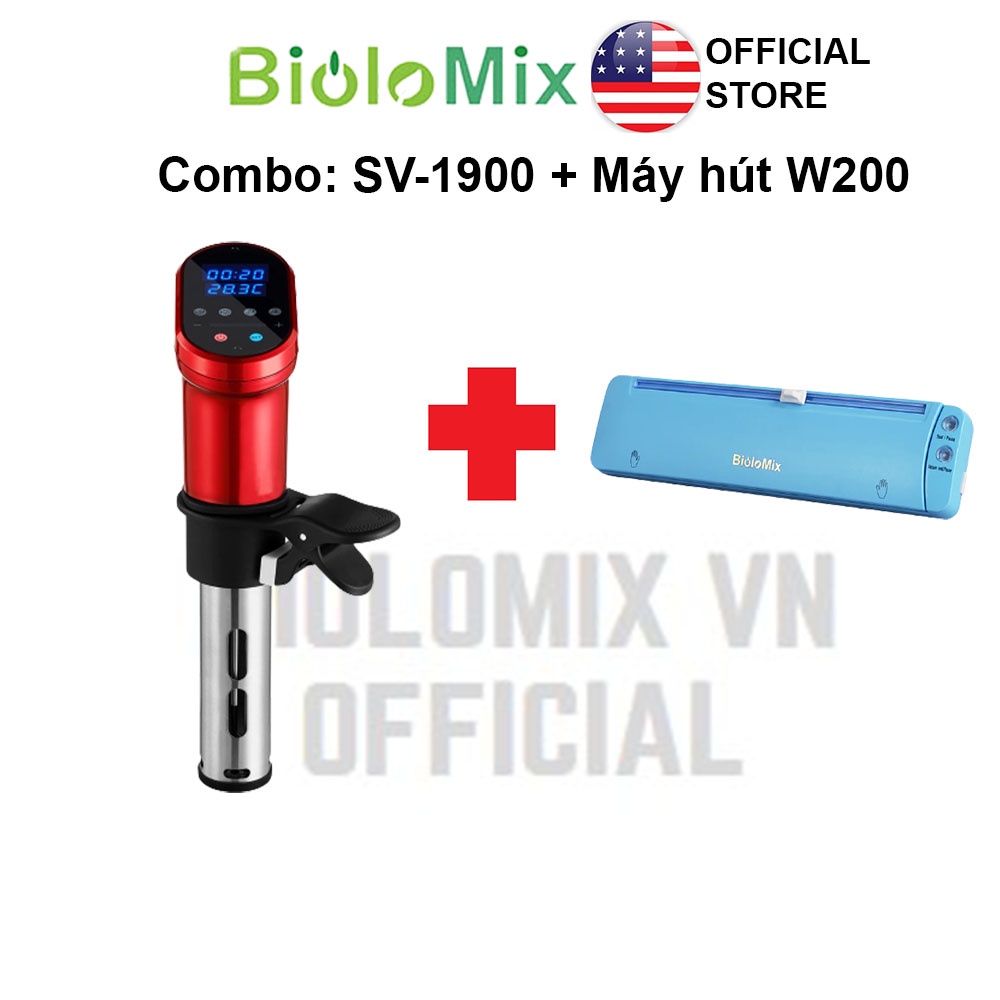 Combo Máy nấu chậm Sous vide BioloMix SV-1900 màu đỏ và máy hút chân không W200