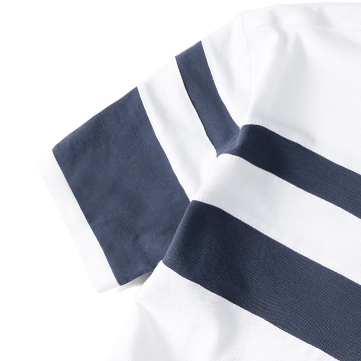 Áo thun nam có cổ màu trắng thiết kế sọc xanh tinh tế, vải cotton cá sấu 100%, BASIS APL95 | BigBuy360 - bigbuy360.vn