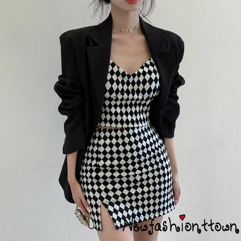 Set Áo Tank Top + Chân Váy Họa Tiết Sọc Caro Xẻ Tà Thời Trang Cho Nữ