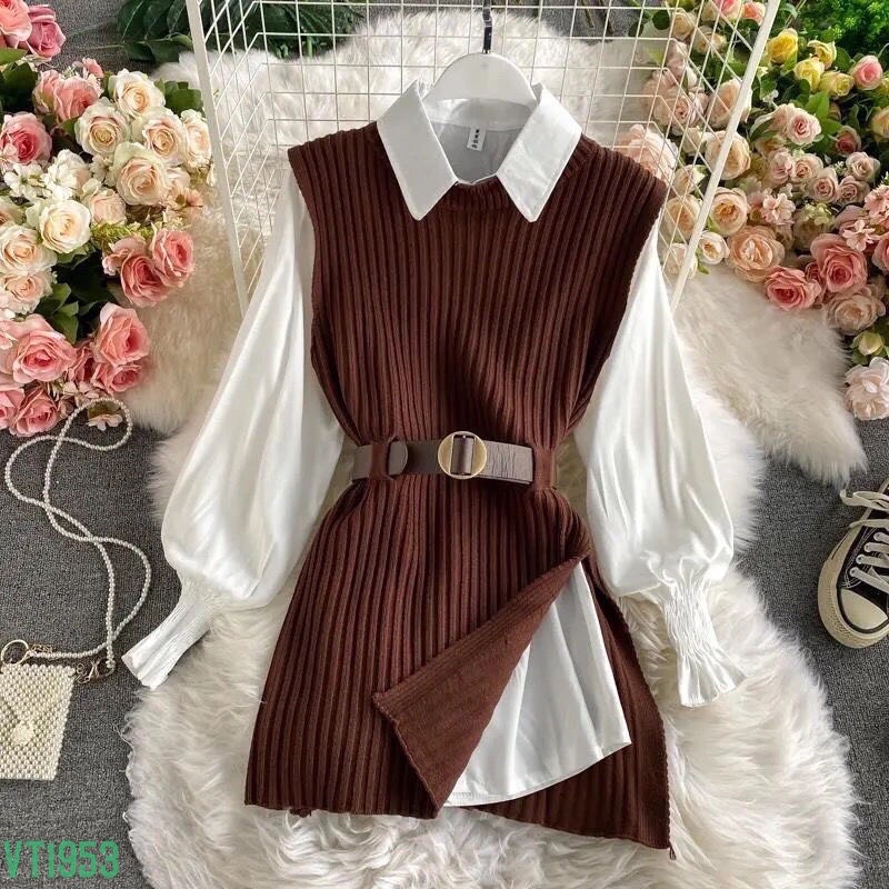 ❤️FREESIZE❤️Sét áo len kèm đai + Áo Sơ mi sịn sò kèm ảnh thật Uy Tín!