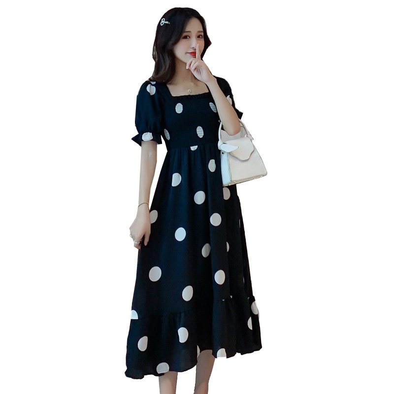 Đầm Dài Tay Phồng Họa Tiết Chấm Bi Phong Cách Mới Dành Cho Nữ