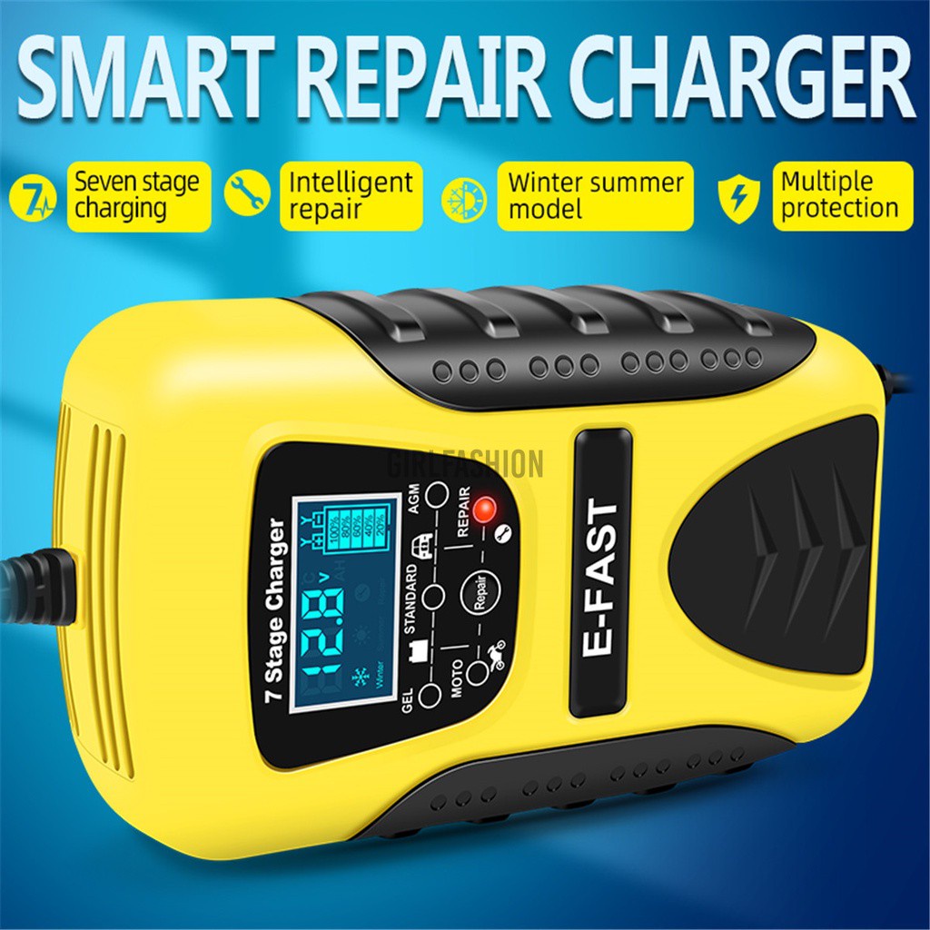 【Fashion】12V Car and Motorcycle Battery Charger Lithium Lead-acid Charger Memory Function Charging Repair