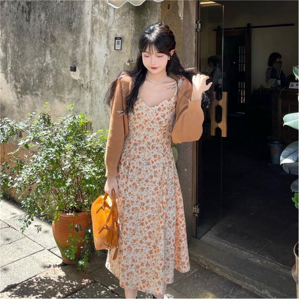 Đầm Váy 2 Dây Hoa Nhí Bèo Nhún Kèm Áo Khoác Cardigan Cùng Màu Đủ Size Thích Hợp Cho Nữ