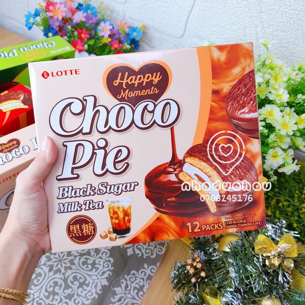 Một hộp bánh Chocopie nhân kem đủ vị vani/cacao/matcha/chuối/đường đen Lotte Hàn Quốc hộp 336gam hàng cty chuẩn xịn