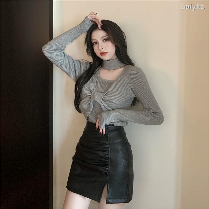 ♧✸Set Áo Sweater Đính Nơ Phối Chân Váy Da pu Lưng Cao Xẻ Tà Thời Trang 2020 Cá Tính