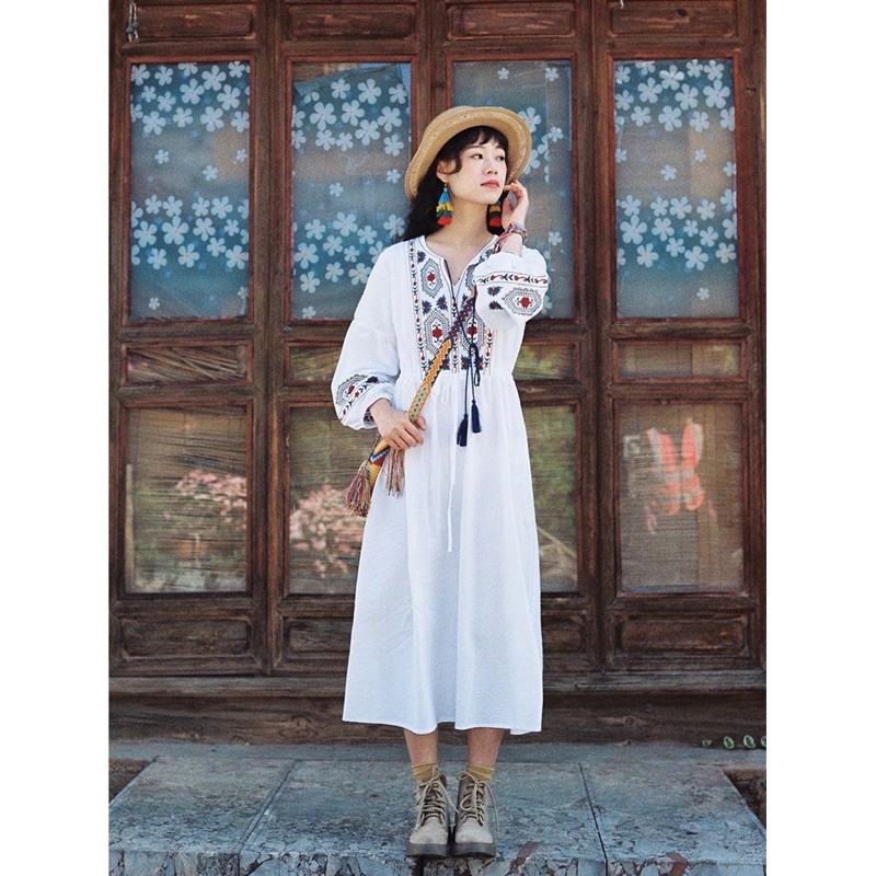 Váy boho váy bohemian thổ cẩm thêu sắc nét có ảnh thật