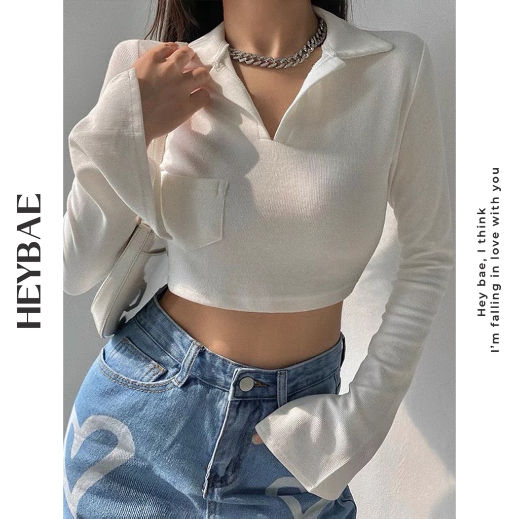 Áo croptop dáng ôm dài tay Sweet HEYBAE thun gân cổ bẻ sexy có túi freesize mùa xuân AK059