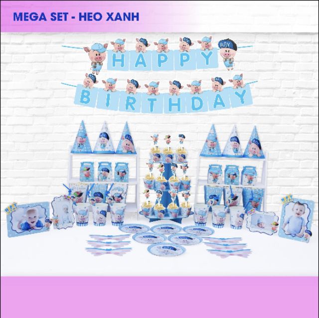 Set Mega trang trí sinh nhật chủ đề con trâu thôi nôi , con heo (Happy Birthday)