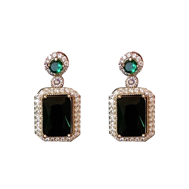 Bộ Vòng cổ + Bông Tai Mạ Bạc 925 Đính Đá Zircon Ngọc Lục Bảo Phong Cách Vintage