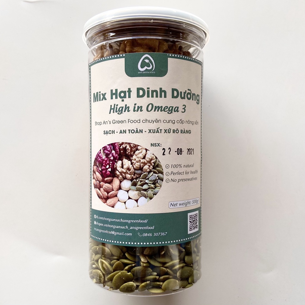 Hạt Dinh Dưỡng Mix 5 Hạt (Hạt Macca, , Óc Chó Đỏ, Óc Chó Vàng, Hạnh Nhân, Bí Xanh) - An’s Green Food (500g)