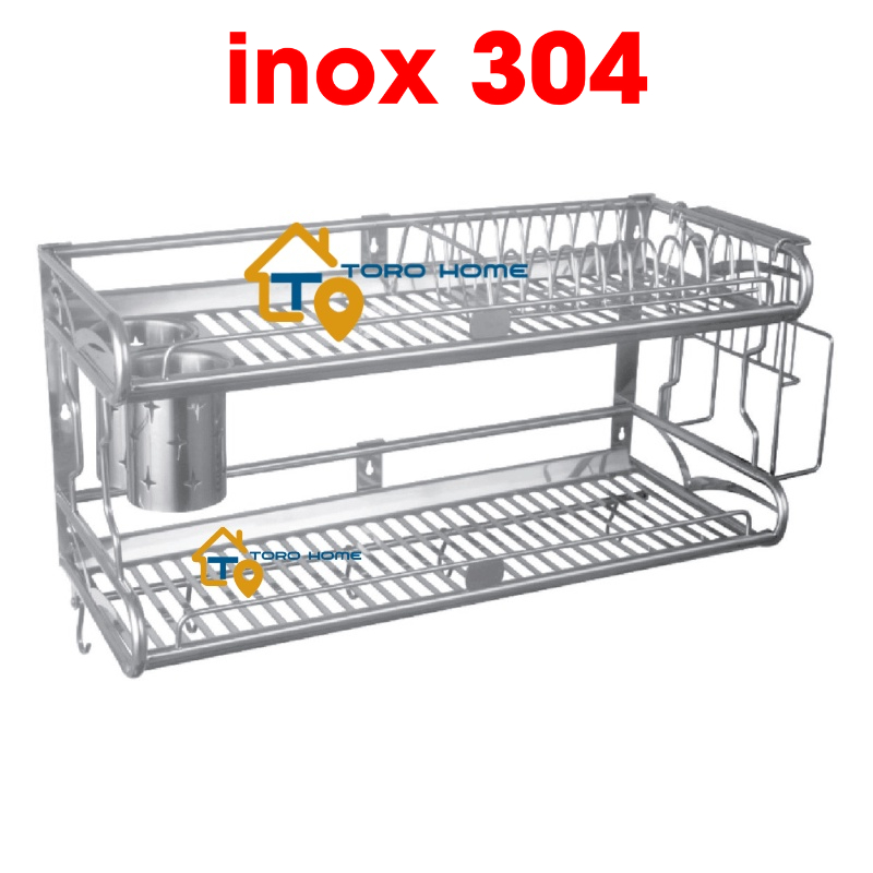 Kệ chén dĩa inox 304 KC-21 loại 2 tầng Toro Home, kệ úp bát đĩa nhà bếp, ống đũa, cài dao thớt, Cam kết inox chuẩn 304