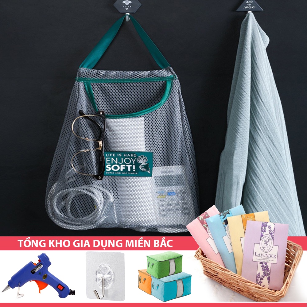 [Tổng Kho Sỉ] Túi Treo Rau Củ - Lưu Trữ Hành Tỏi Tránh Mốc Lưới Đan ENJOY/Simple, Màu Xanh Xám, Hình Tháp