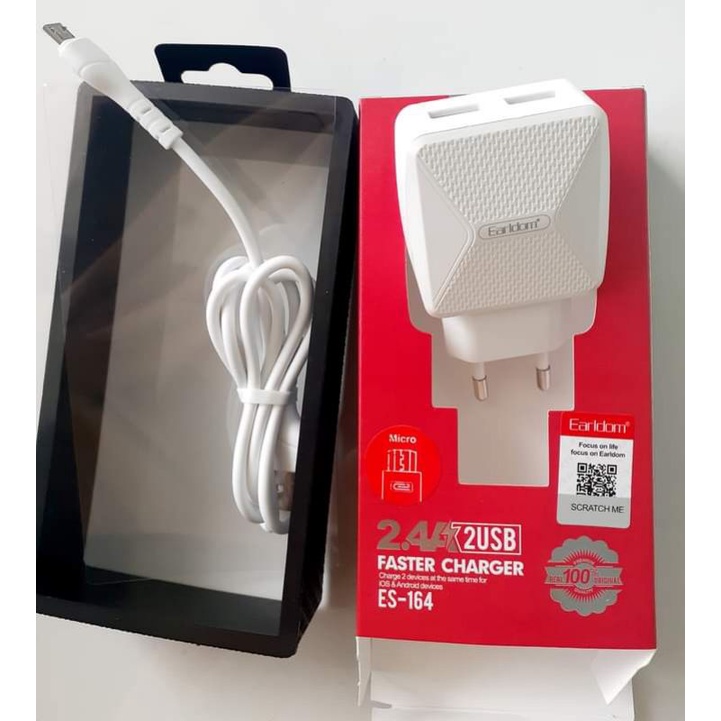 Củ sạc nhanh Earldom ES-144 và ES-164 có 2 cổng 2.4A Hàng chính hãng Tặng kèm cáp micro USB