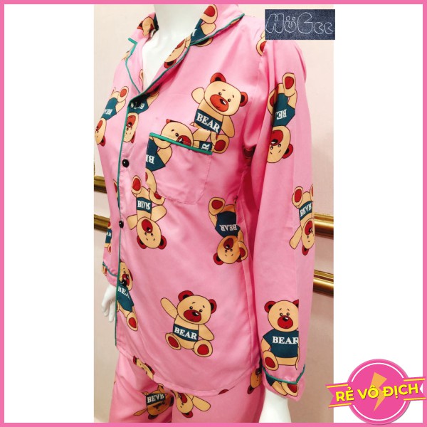 [FREESIZE] Đồ Bộ Quần Áo Ngủ Nữ Mặc Nhà Đẹp Pijama Cao Cấp HUGEE Chất Vải Thái Loại 1 Màu Hồng Họa Tiết Gấu Bear A011