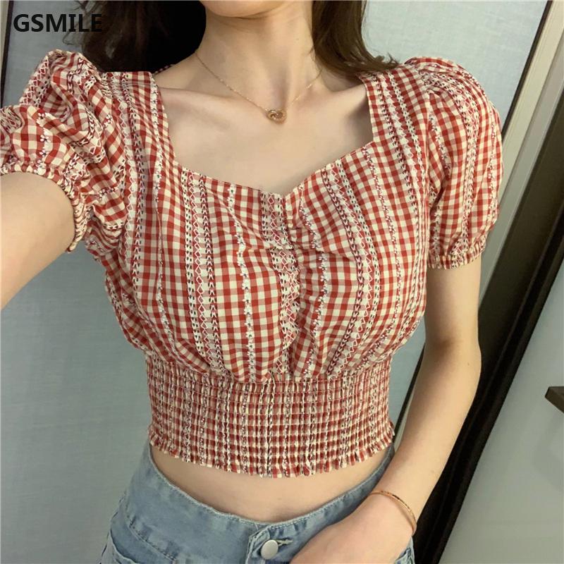 Áo kiểu croptop cổ vuông tay phồng phong cách Hàn Quốc thời trang cho nữ