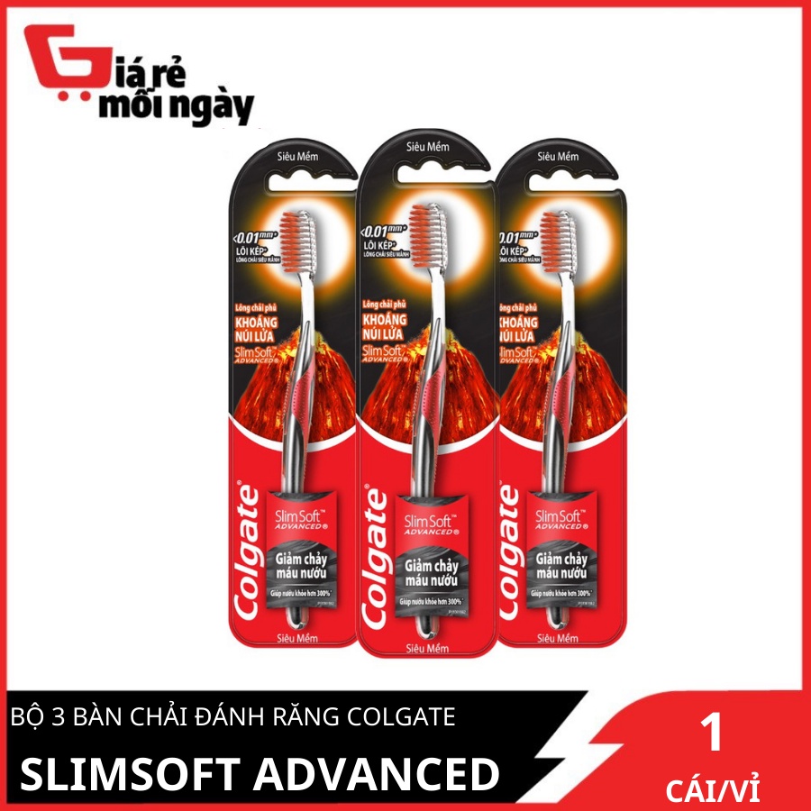 Bộ 3 bàn chải đánh răng Colgate ngăn chảy máu nướu SlimSoft Advanced từ khoáng núi lửa siêu mềm mảnh (Màu ngẫu nhiên)