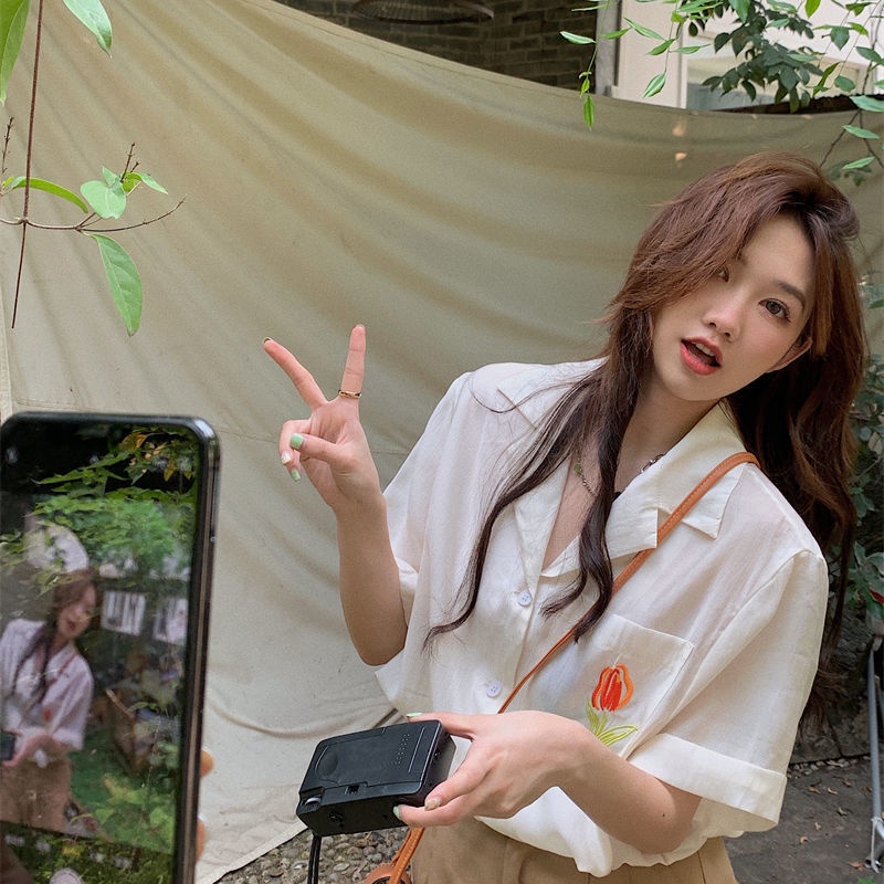 Áo Sơ Mi chiffon Mỏng Tay Ngắn Thêu Hình Hoa tulip Thời Trang Mùa Hè Hàn Quốc Dành Cho Nữ 2022