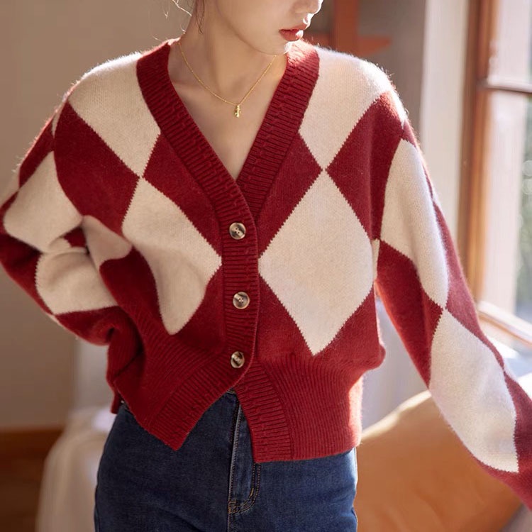 Hàng Sẵn_Áo  dệt kim cardigan ngắn nữ mùa xuân và mùa thu retro cổ chữ V vào đầu mùa thu