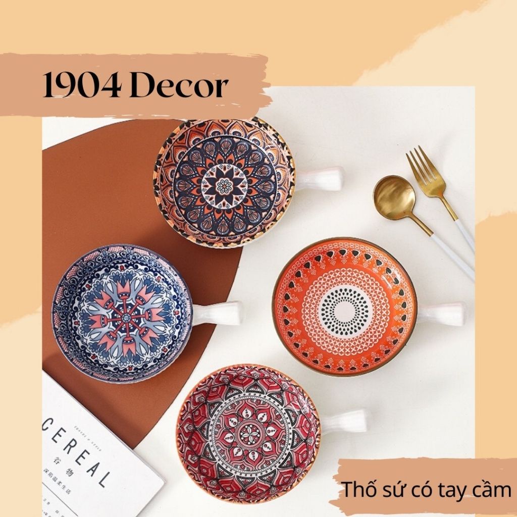 Thố sứ, bát sứ có tay cầm hoạ tiết Bohemia - 1904 DECOR